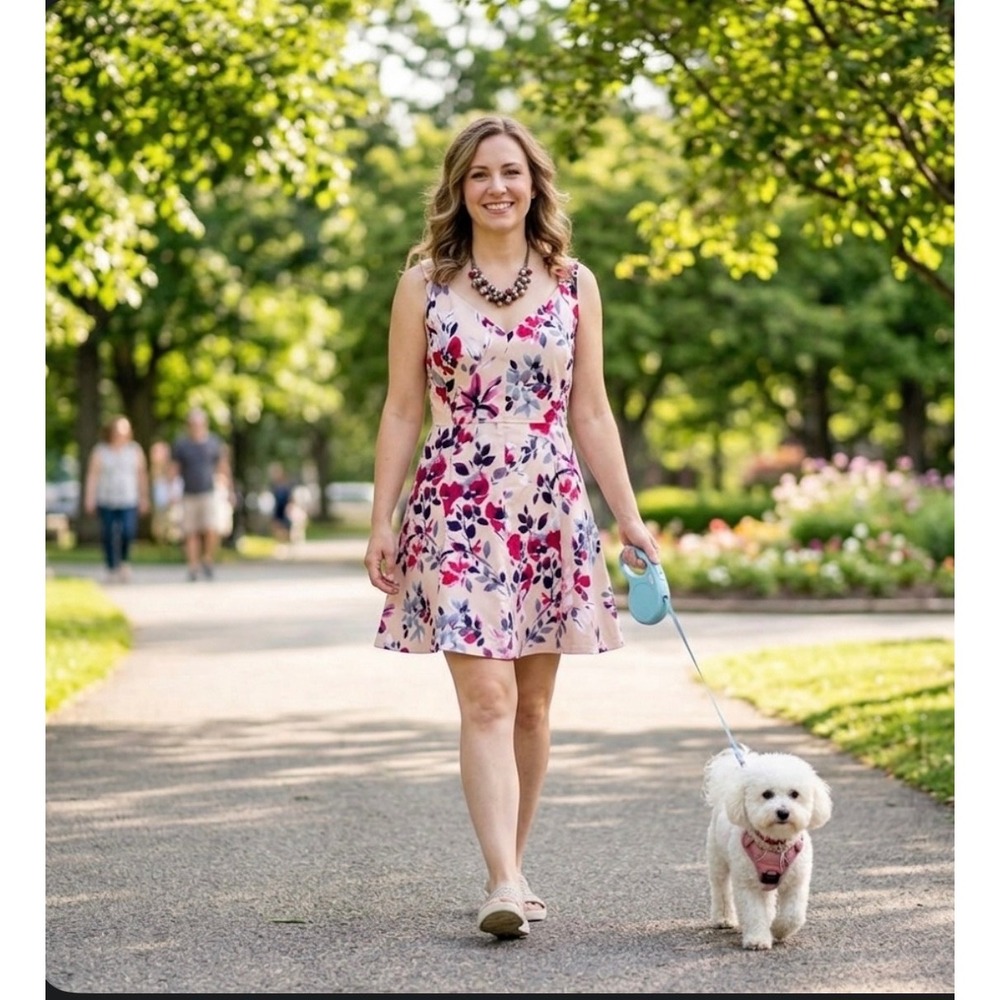 French‎ Collection Summer Floral Pink/Cream Flare Skirt Lightweight Dress 10